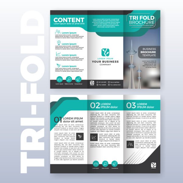 Business tri-fold brochure template design with Turquoise color scheme in A4 size layout with bleeds. Vector illustration